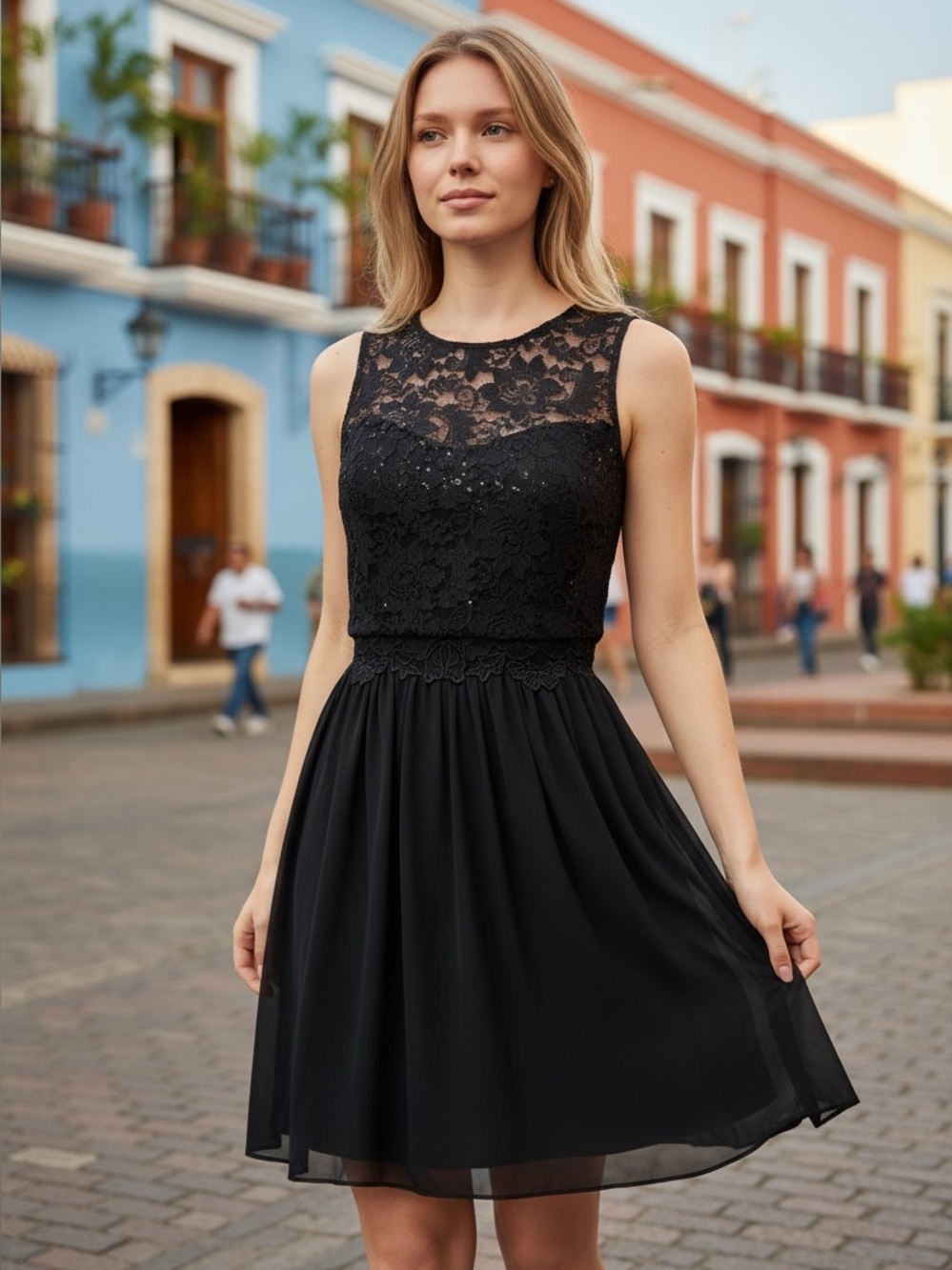 I.N. San Francisco Black Lace Sequin Dit & Flare Dress Sleeveless Size 5